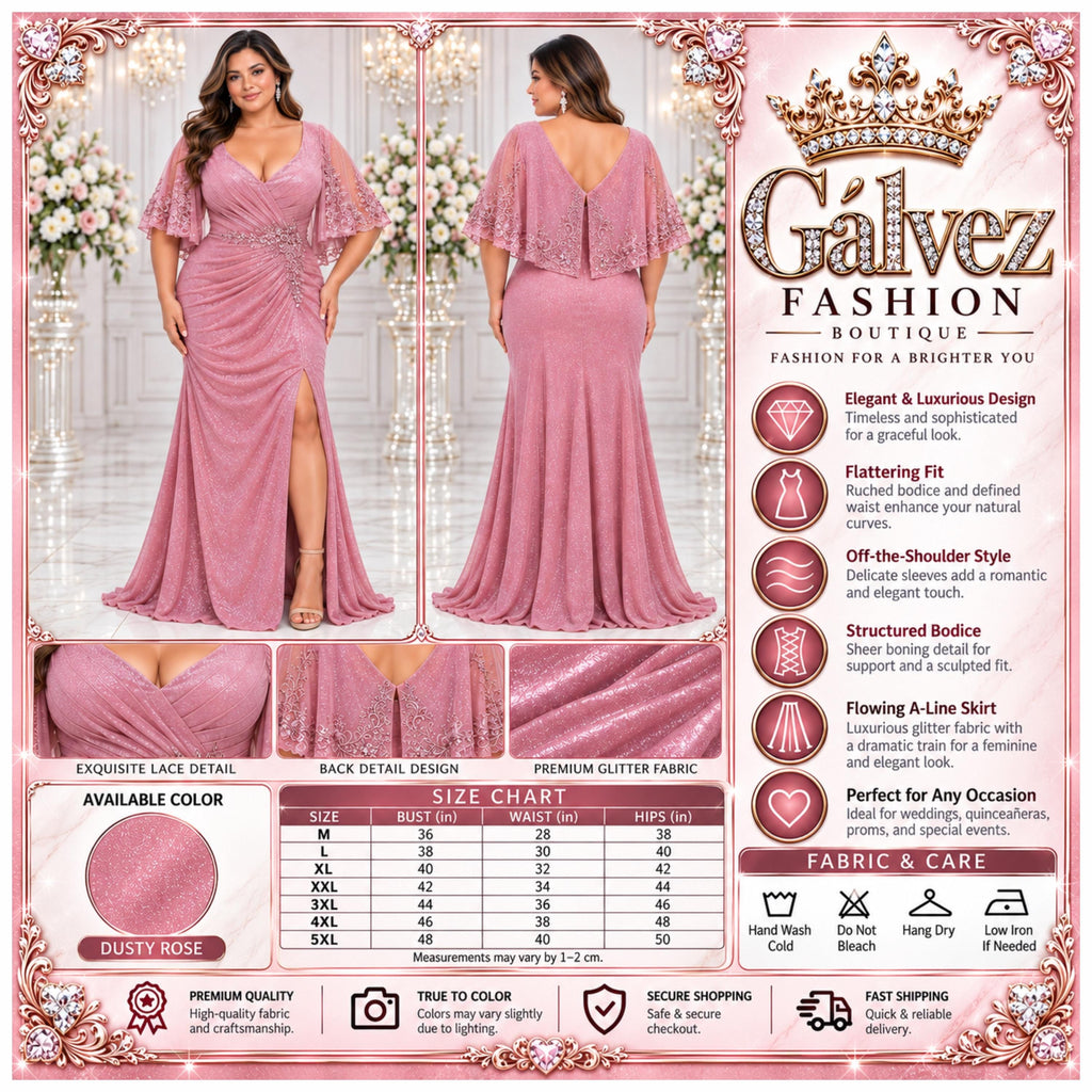 MayQueen-MQ2249 Women's Elegant Glitter Maxi Evening Dress with V-Neck, Ruched Wrap Bodice, Floral Lace Flutter Sleeves, Embellished Waist