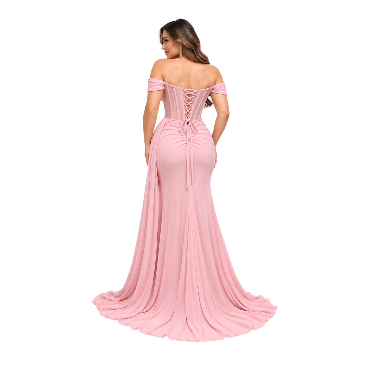 Adora-3405 Women's Elegant Off Shoulder Sweetheart Neckline Formal Maxi Dress with Sheer Boned Corset Bodice, Lace Up , Ruched Draped Waist