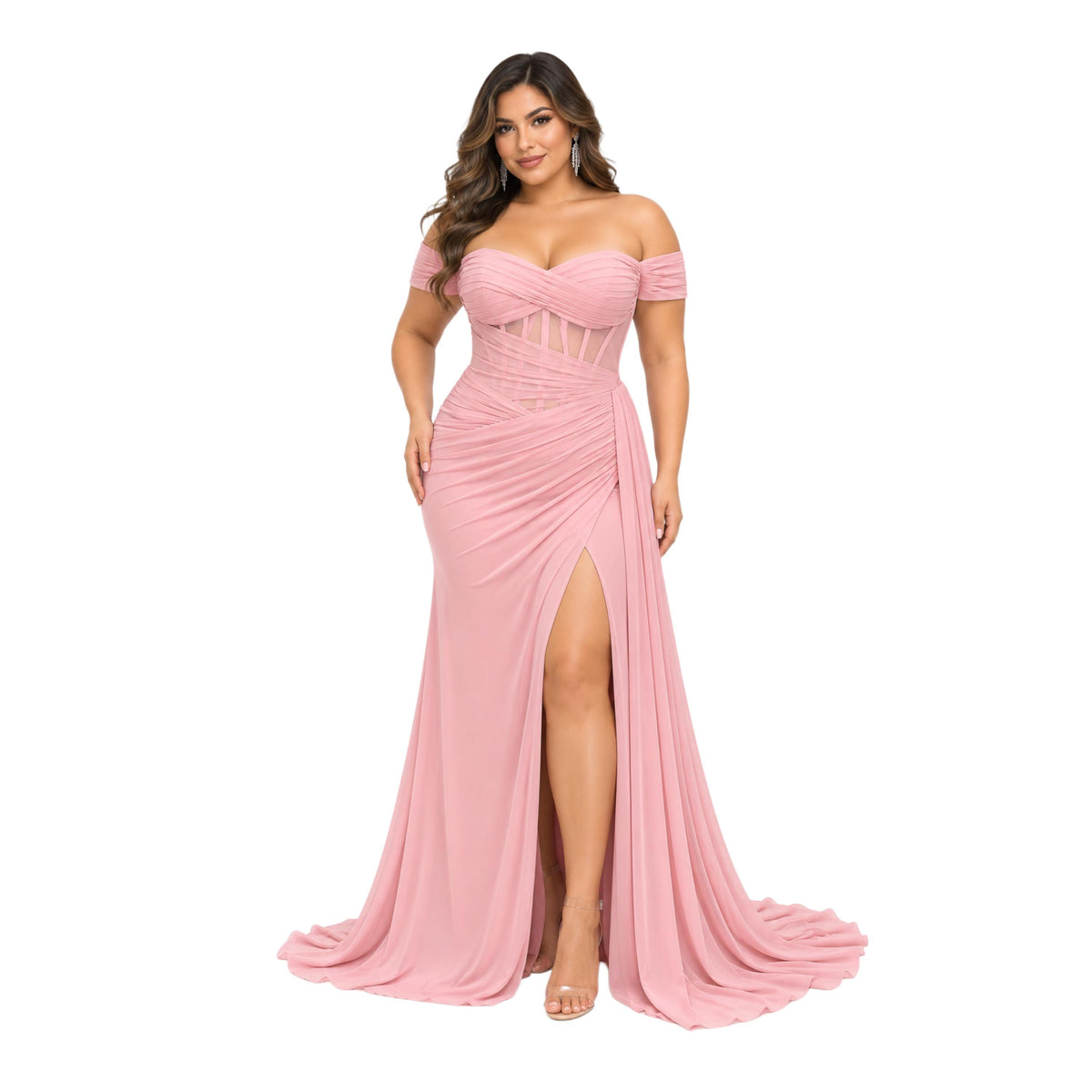Adora-3405 Women's Elegant Off Shoulder Sweetheart Neckline Formal Maxi Dress with Sheer Boned Corset Bodice, Lace Up , Ruched Draped Waist