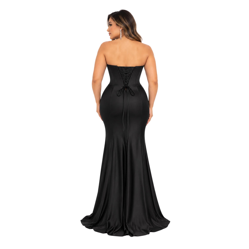 VS-0225 Women' Strapless Satin-Look Maxi Evening Dress with Draped Cowl Neckline, Structured Corset-Style Bodice, Ruched Hip Detail, Lace-up