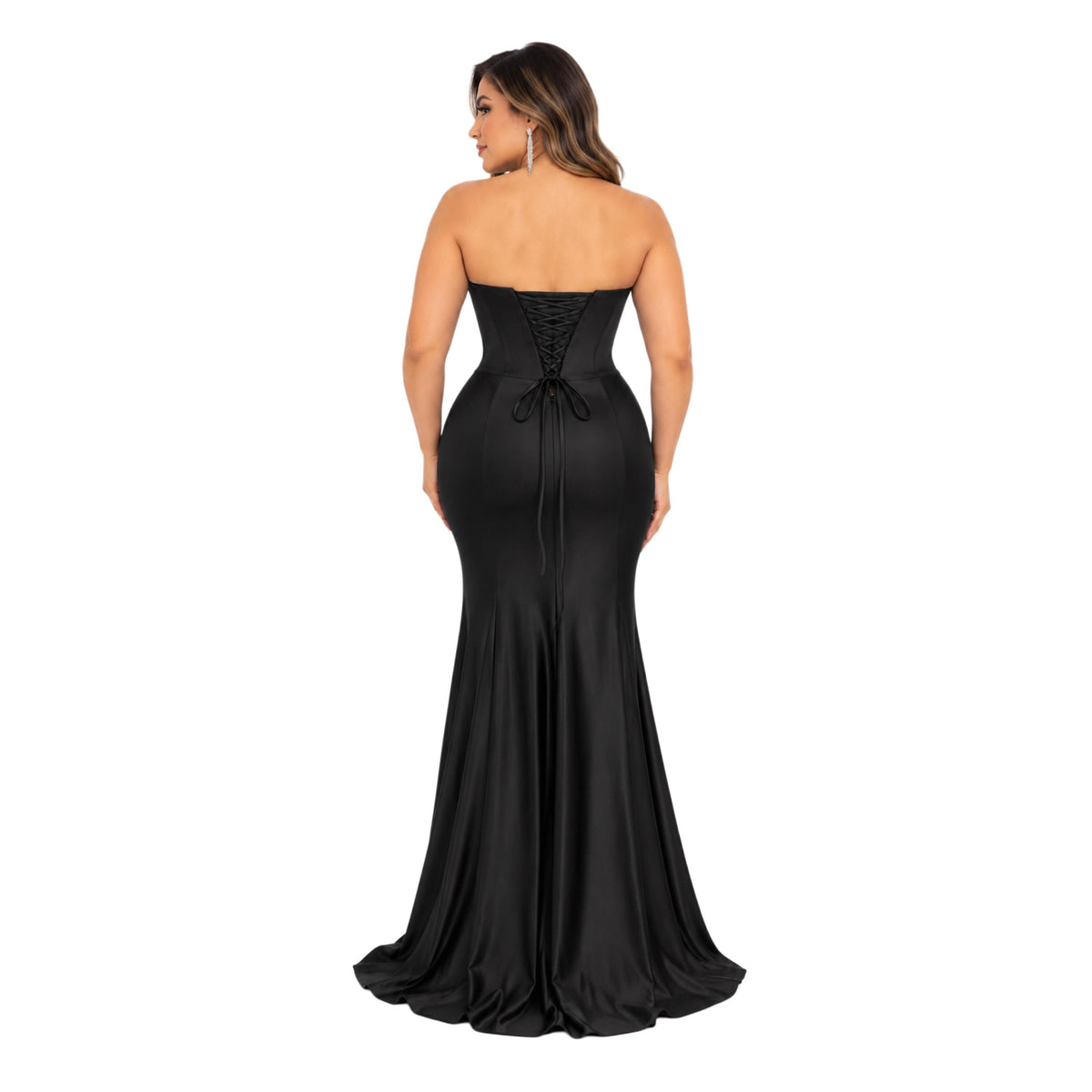 VS-0225 Women' Strapless Satin-Look Maxi Evening Dress with Draped Cowl Neckline, Structured Corset-Style Bodice, Ruched Hip Detail, Lace-up