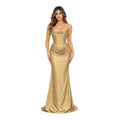 VS-0225 Women' Strapless Satin-Look Maxi Evening Dress with Draped Cowl Neckline, Structured Corset-Style Bodice, Ruched Hip Detail, Lace-up