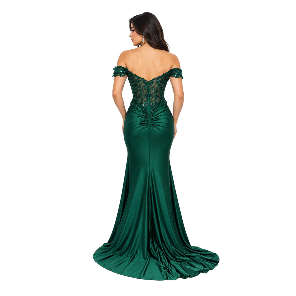 Cindy-50444 Women's Off-Shoulder Satin Evening Gown with Floral Sequin Applique, Sheer Boned Corset Bodice, Sweetheart Neckline, Ruched Hip