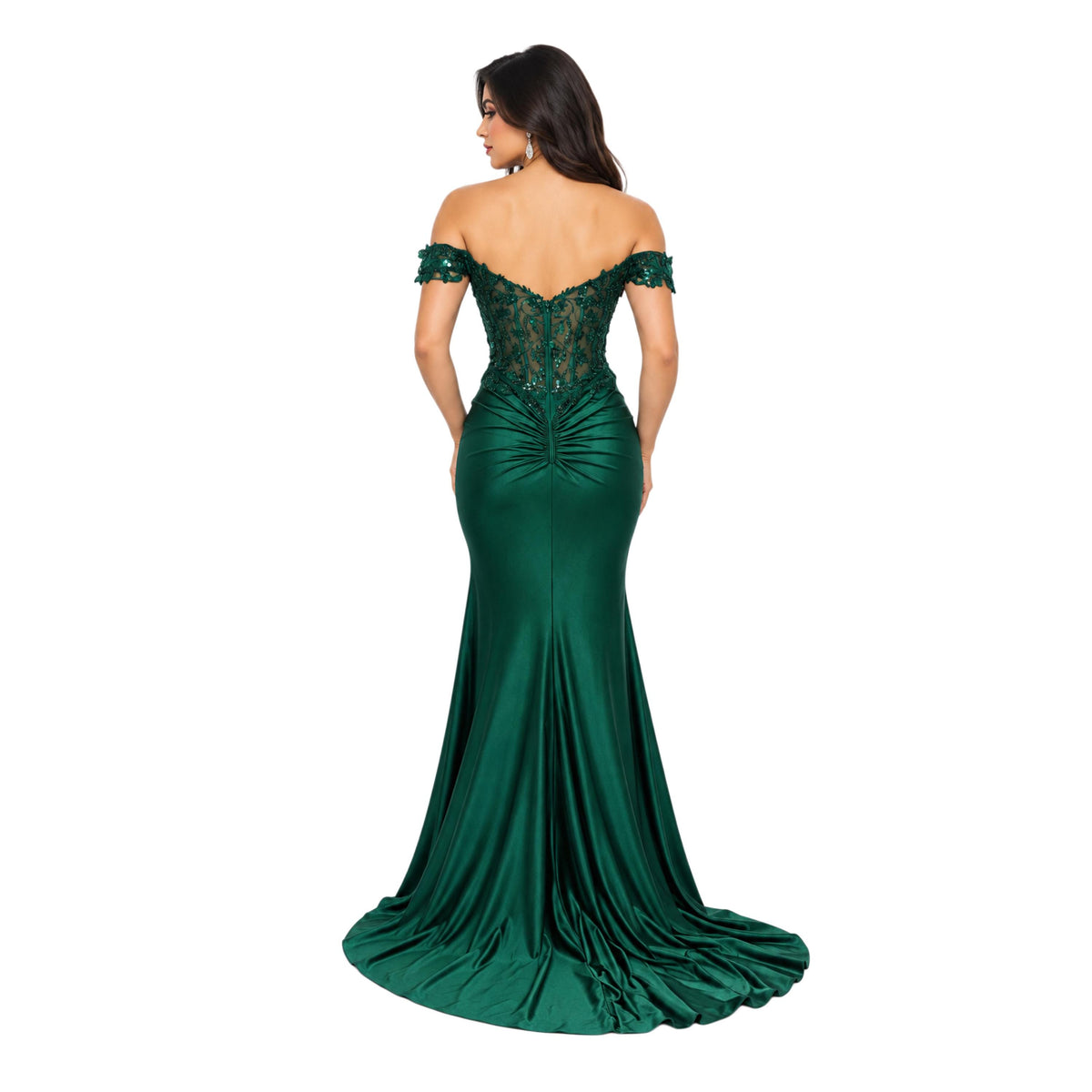 Cindy-50444 Women's Off-Shoulder Satin Evening Gown with Floral Sequin Applique, Sheer Boned Corset Bodice, Sweetheart Neckline, Ruched Hip