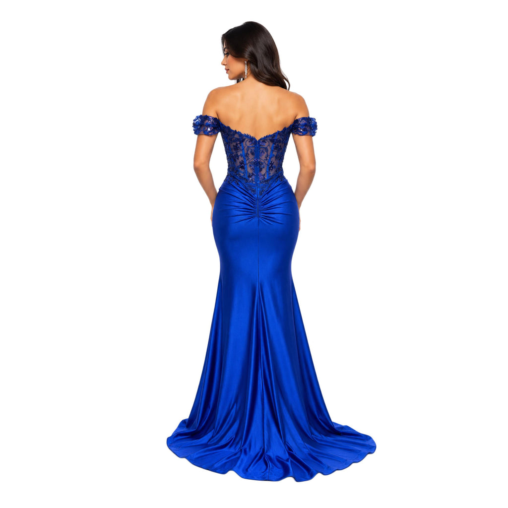 Cindy-50444 Women's Off-Shoulder Satin Evening Gown with Floral Sequin Applique, Sheer Boned Corset Bodice, Sweetheart Neckline, Ruched Hip