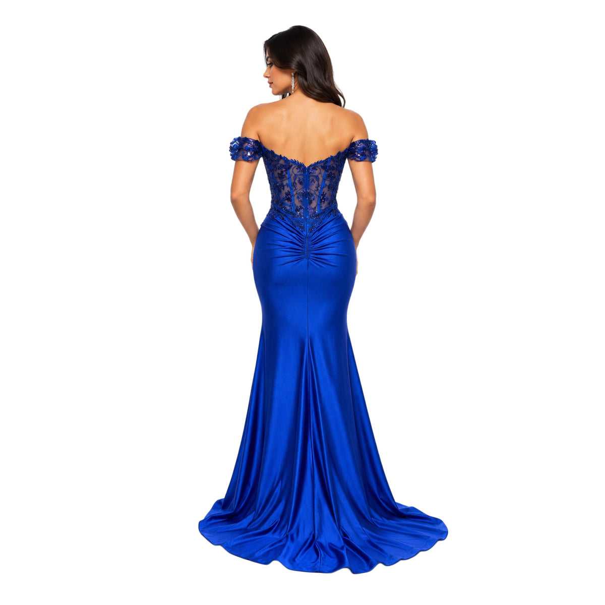 Cindy-50444 Women's Off-Shoulder Satin Evening Gown with Floral Sequin Applique, Sheer Boned Corset Bodice, Sweetheart Neckline, Ruched Hip