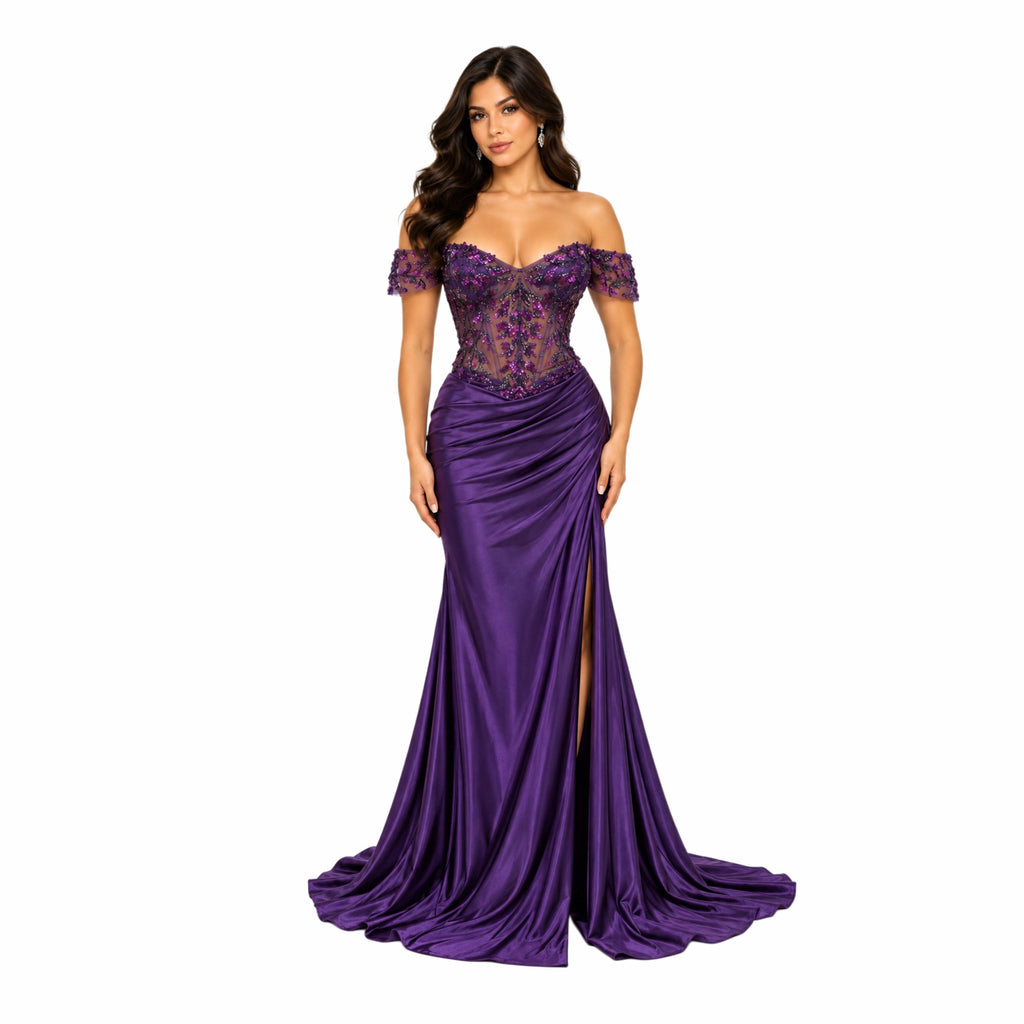Cindy-50444 Women's Off-Shoulder Satin Evening Gown with Floral Sequin Applique, Sheer Boned Corset Bodice, Sweetheart Neckline, Ruched Hip