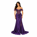 Cindy-50444 Women's Off-Shoulder Satin Evening Gown with Floral Sequin Applique, Sheer Boned Corset Bodice, Sweetheart Neckline, Ruched Hip