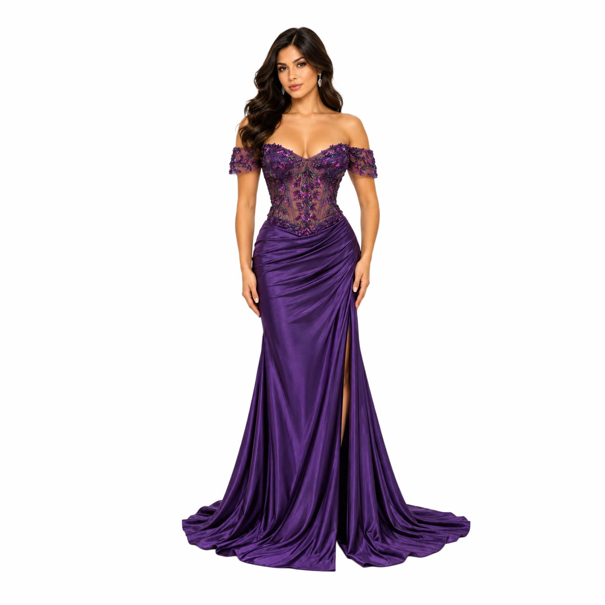 Cindy-50444 Women's Off-Shoulder Satin Evening Gown with Floral Sequin Applique, Sheer Boned Corset Bodice, Sweetheart Neckline, Ruched Hip