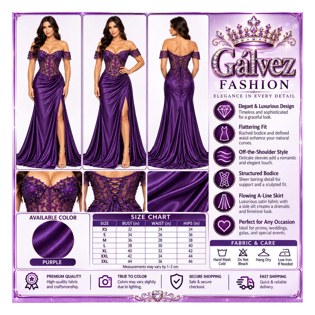 Cindy-50444 Women's Off-Shoulder Satin Evening Gown with Floral Sequin Applique, Sheer Boned Corset Bodice, Sweetheart Neckline, Ruched Hip