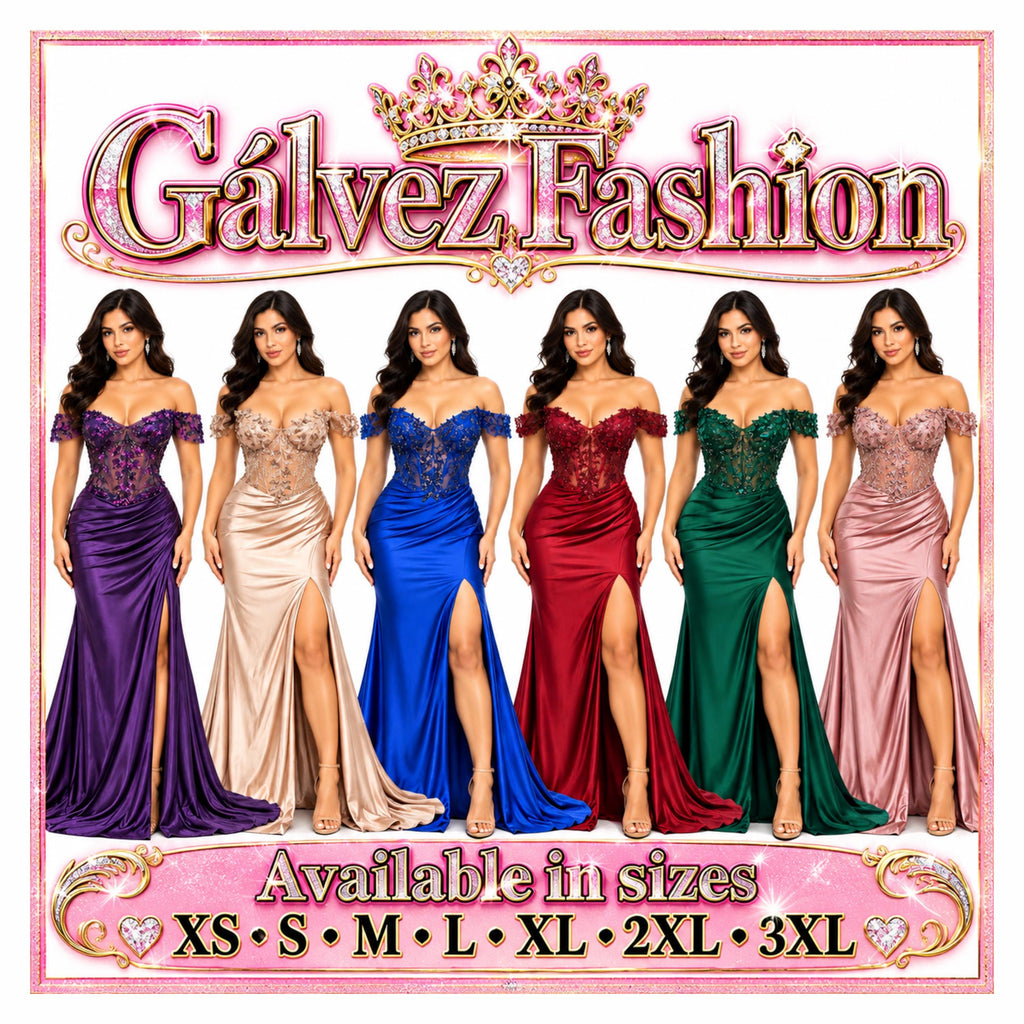 Cindy-50444 Women's Off-Shoulder Satin Evening Gown with Floral Sequin Applique, Sheer Boned Corset Bodice, Sweetheart Neckline, Ruched Hip
