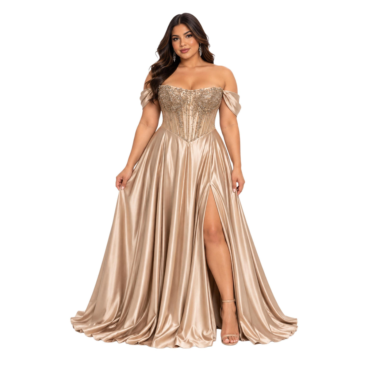 Cindy-50531 Women's Elegant Satin Evening Gown with Beaded Sheer Corset Bodice, Off Shoulder Draped Sleeves, Lace Up Back, High Side Slit