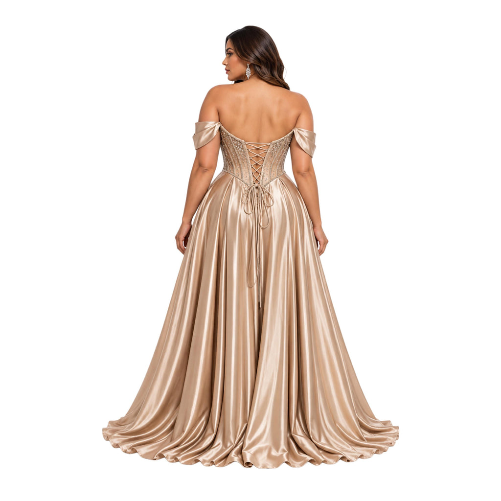 Cindy-50531 Women's Elegant Satin Evening Gown with Beaded Sheer Corset Bodice, Off Shoulder Draped Sleeves, Lace Up Back, High Side Slit