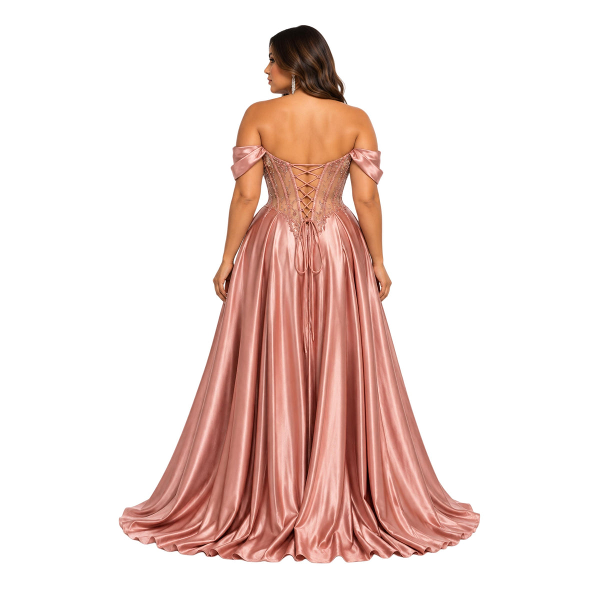 Cindy-50531 Women's Elegant Satin Evening Gown with Beaded Sheer Corset Bodice, Off Shoulder Draped Sleeves, Lace Up Back, High Side Slit