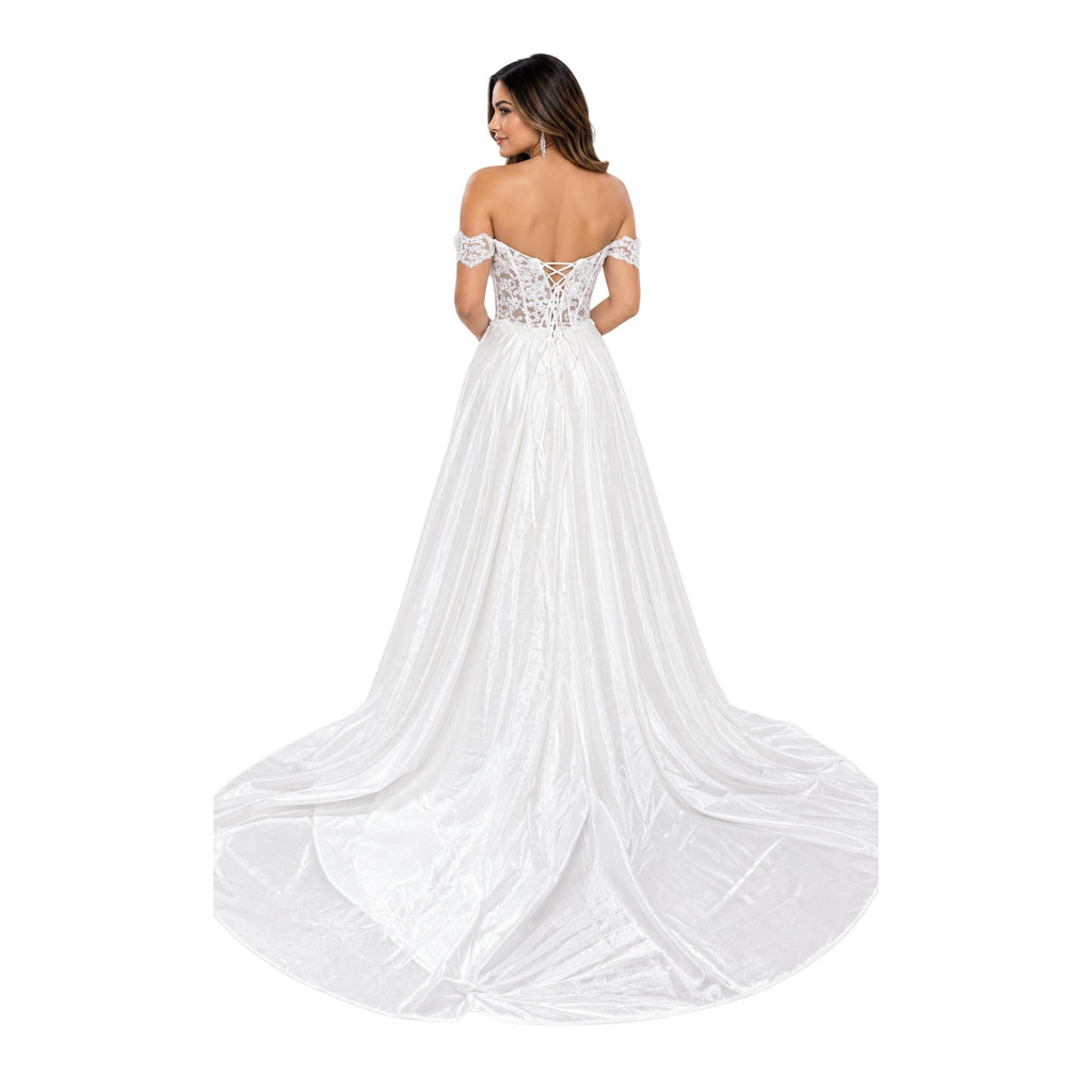 Cindy-744 Women's Elegant Formal Gown with Floral Lace Bodice, Sweetheart Neckline, Off Shoulder Lace Sleeves, Lace Up Corset Back