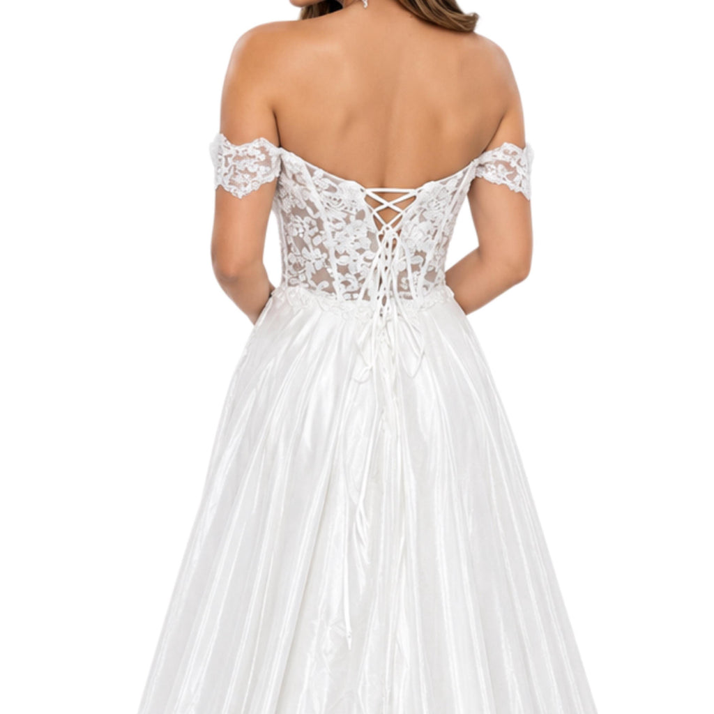Cindy-744 Women's Elegant Formal Gown with Floral Lace Bodice, Sweetheart Neckline, Off Shoulder Lace Sleeves, Lace Up Corset Back