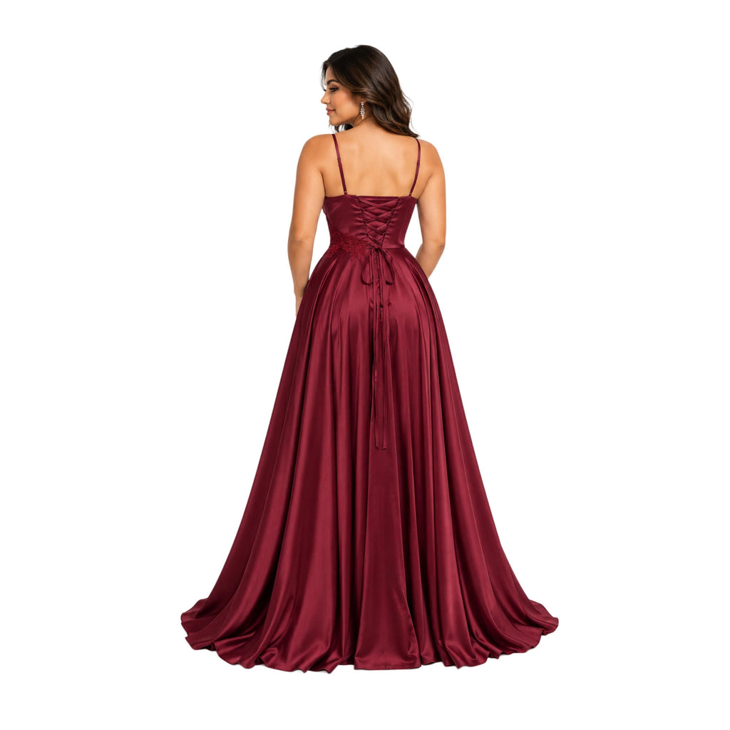 Cindy-50498 Women's Plus Size Formal Maxi Dress with Spaghetti Straps, Sweetheart Neckline, Floral Beaded Appliques, Ruched Satin-Look Bodic