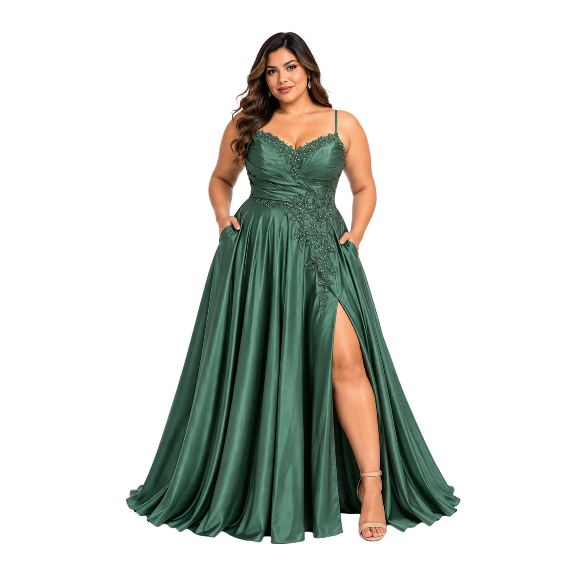 Cindy-50498 Women's Plus Size Formal Maxi Dress with Spaghetti Straps, Sweetheart Neckline, Floral Beaded Appliques, Ruched Satin-Look Bodic