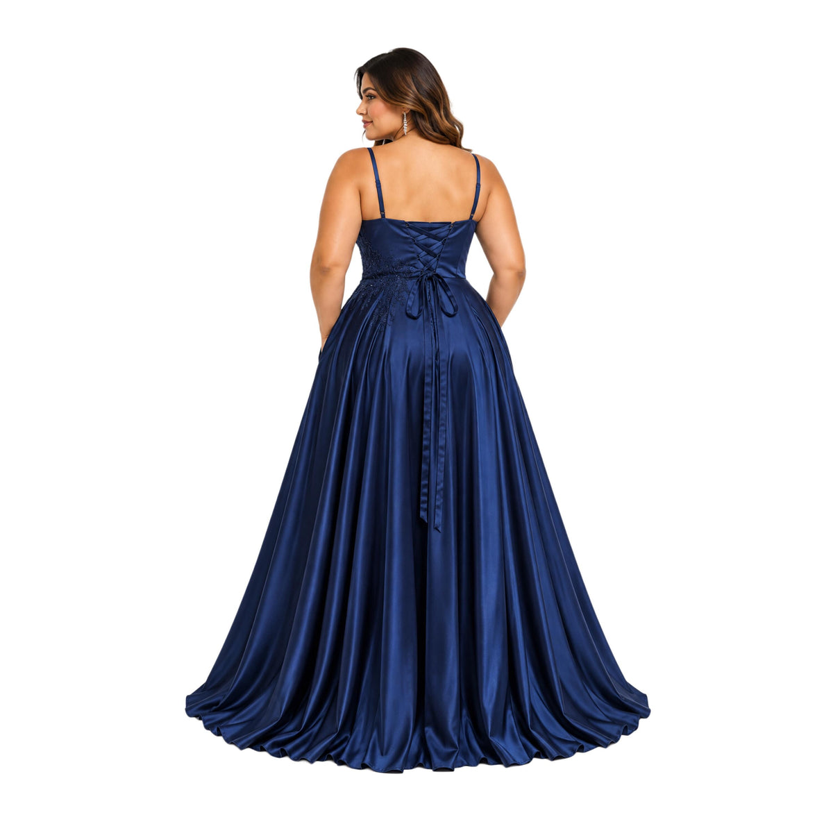 Cindy-50498 Women's Plus Size Formal Maxi Dress with Spaghetti Straps, Sweetheart Neckline, Floral Beaded Appliques, Ruched Satin-Look Bodic