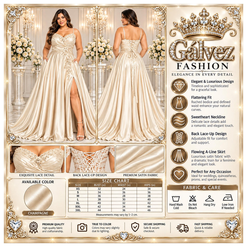 Cindy-50498 Women's Plus Size Formal Maxi Dress with Spaghetti Straps, Sweetheart Neckline, Floral Beaded Appliques, Ruched Satin-Look Bodic