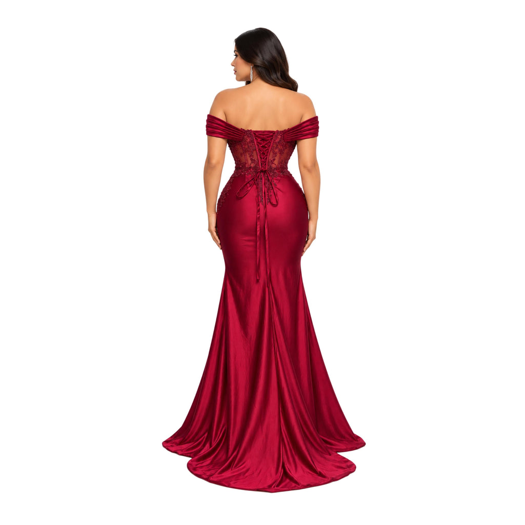 Dancing Queen-4619 Women's Elegant Off Shoulder Satin Mermaid Evening Gown with Sheer Beaded Corset Bodice, Draped Sweetheart Neckline