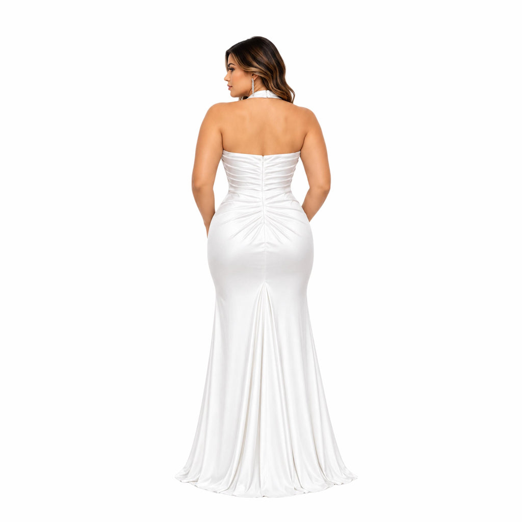 Eureka-EK191 Women's Elegant Halter Neck Maxi Evening Dress with Sweetheart Neckline, Ruched Bodice, Draped Waist, High Front Slit