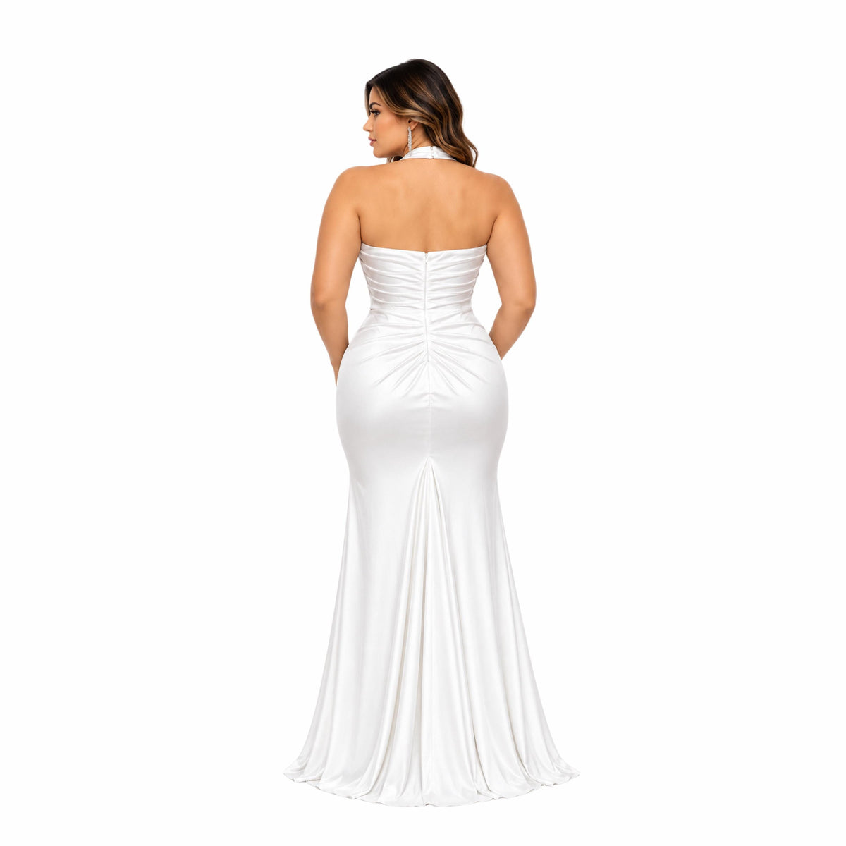 Eureka-EK191 Women's Elegant Halter Neck Maxi Evening Dress with Sweetheart Neckline, Ruched Bodice, Draped Waist, High Front Slit