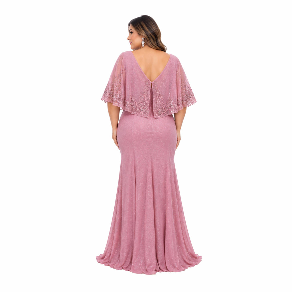 MayQueen-MQ2249 Women's Elegant Glitter Maxi Evening Dress with V-Neck, Ruched Wrap Bodice, Floral Lace Flutter Sleeves, Embellished Waist