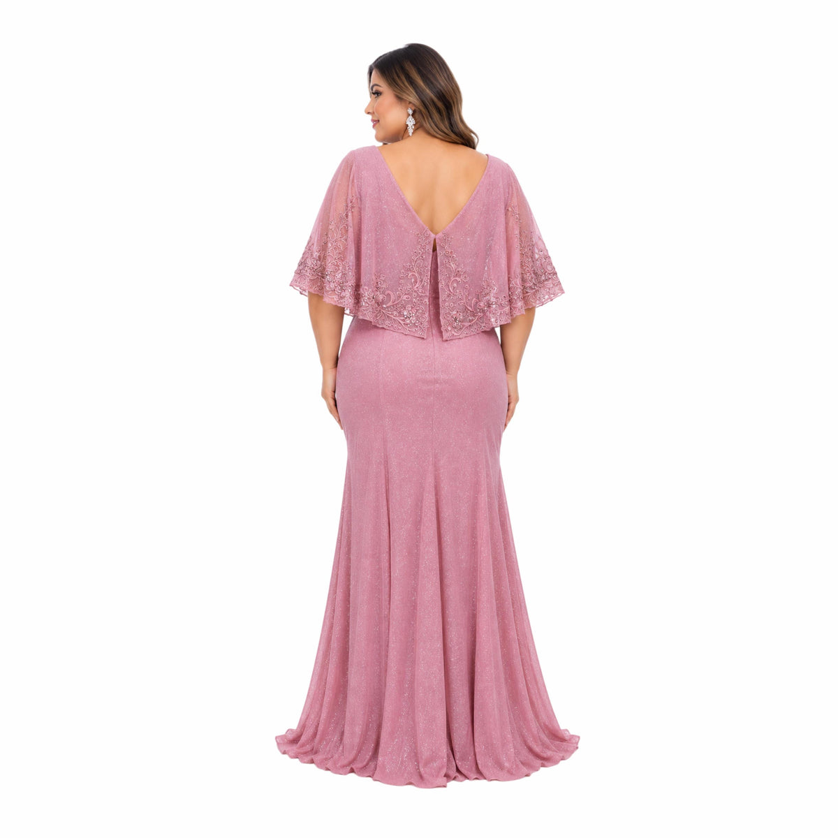MayQueen-MQ2249 Women's Elegant Glitter Maxi Evening Dress with V-Neck, Ruched Wrap Bodice, Floral Lace Flutter Sleeves, Embellished Waist