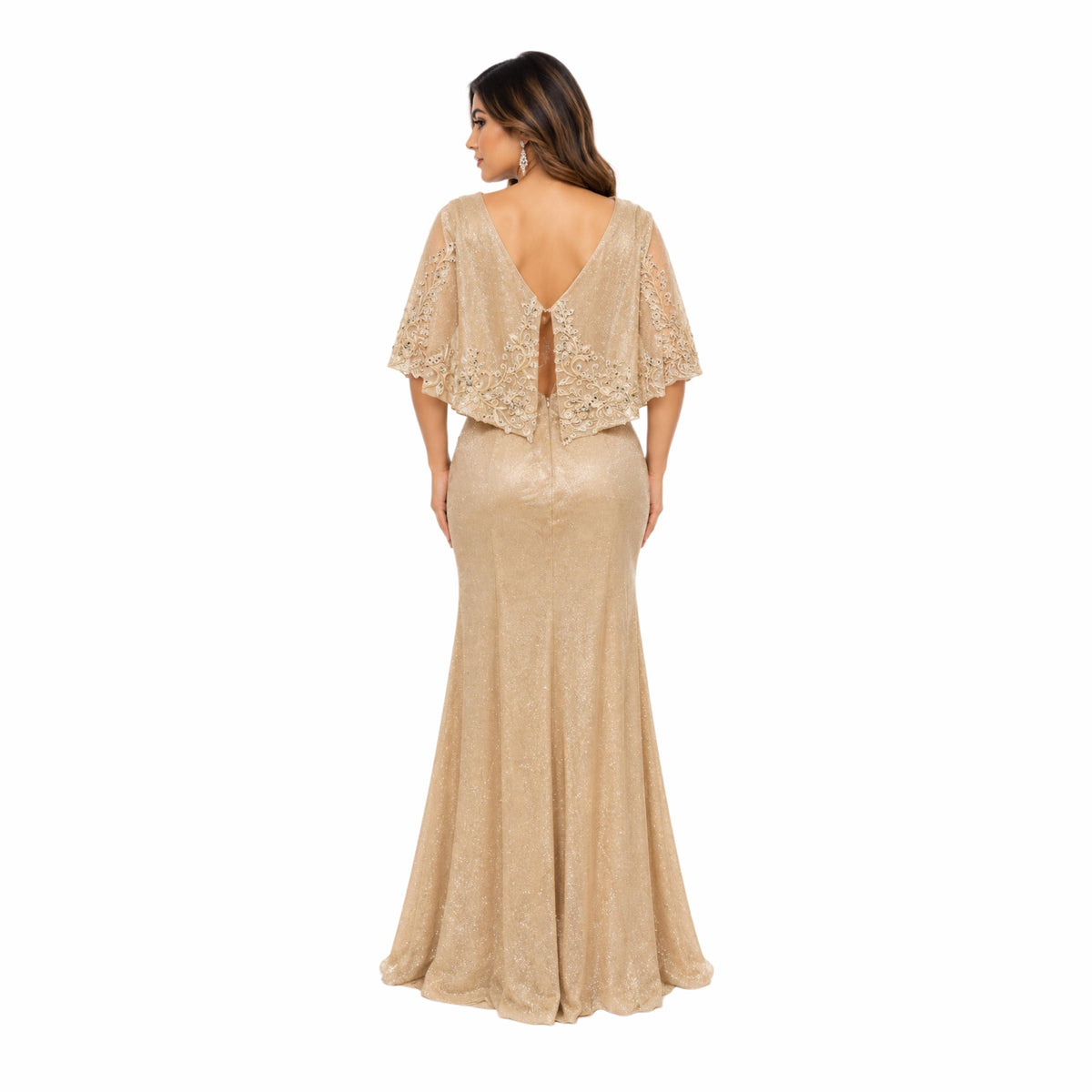 MayQueen-MQ2249 Women's Elegant Glitter Maxi Evening Dress with V-Neck, Ruched Wrap Bodice, Floral Lace Flutter Sleeves, Embellished Waist