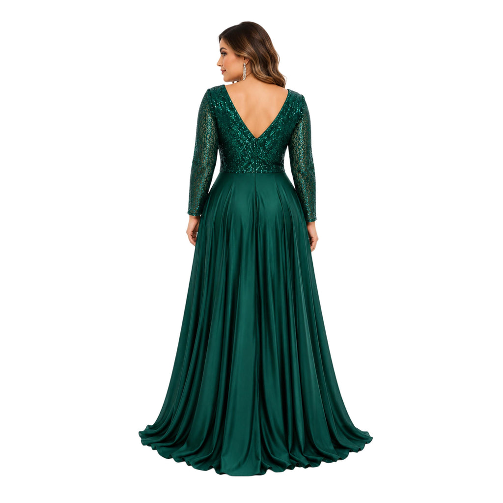 Cindy-1743 Women's Elegant Maxi Evening Dress with Sequin Bodice, Sheer Long Sleeves, V-Neck, Ruched Waist, Side Slit and Flowing A-Line