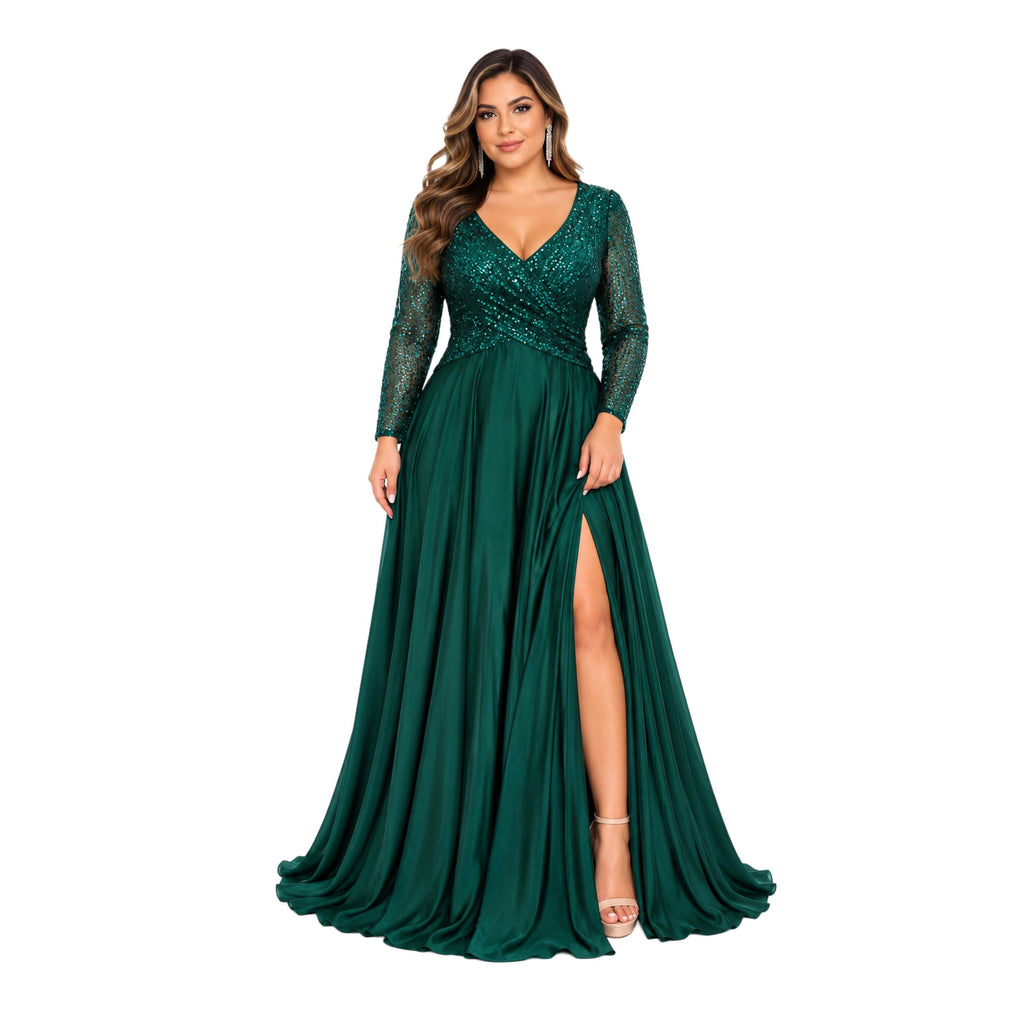 Cindy-1743 Women's Elegant Maxi Evening Dress with Sequin Bodice, Sheer Long Sleeves, V-Neck, Ruched Waist, Side Slit and Flowing A-Line