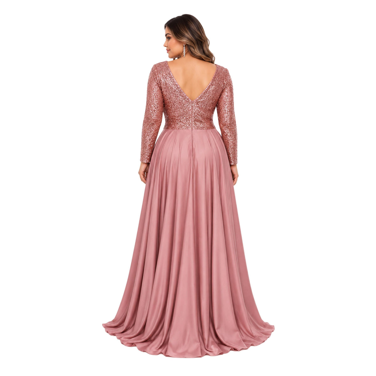 Cindy-1743 Women's Elegant Maxi Evening Dress with Sequin Bodice, Sheer Long Sleeves, V-Neck, Ruched Waist, Side Slit and Flowing A-Line