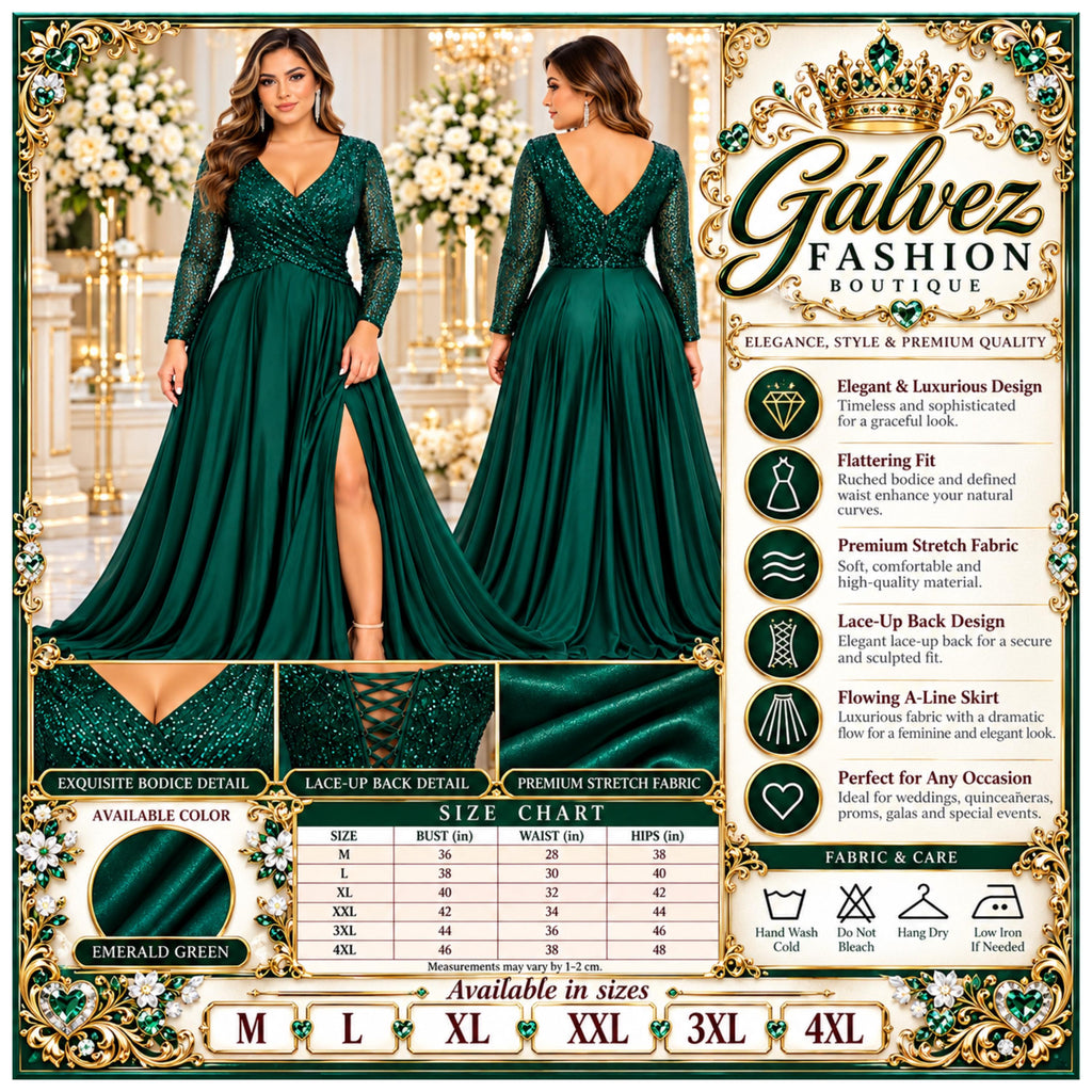 Cindy-1743 Women's Elegant Maxi Evening Dress with Sequin Bodice, Sheer Long Sleeves, V-Neck, Ruched Waist, Side Slit and Flowing A-Line