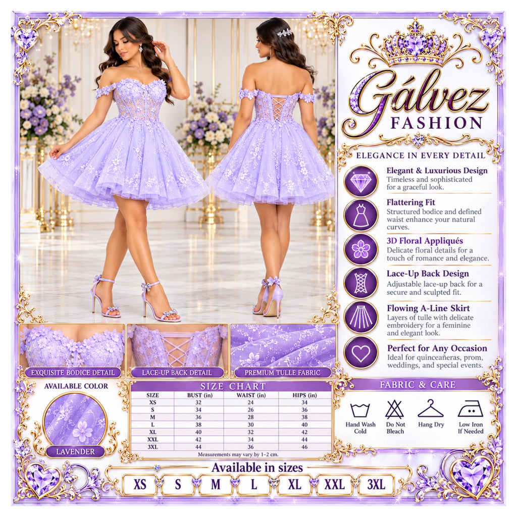 Chicas-C377 Women's Short A-Line Party Dress with 3D Floral Appliques, Sheer Corset Bodice, Off Shoulder Sleeves, Embroidered Tulle Skirt