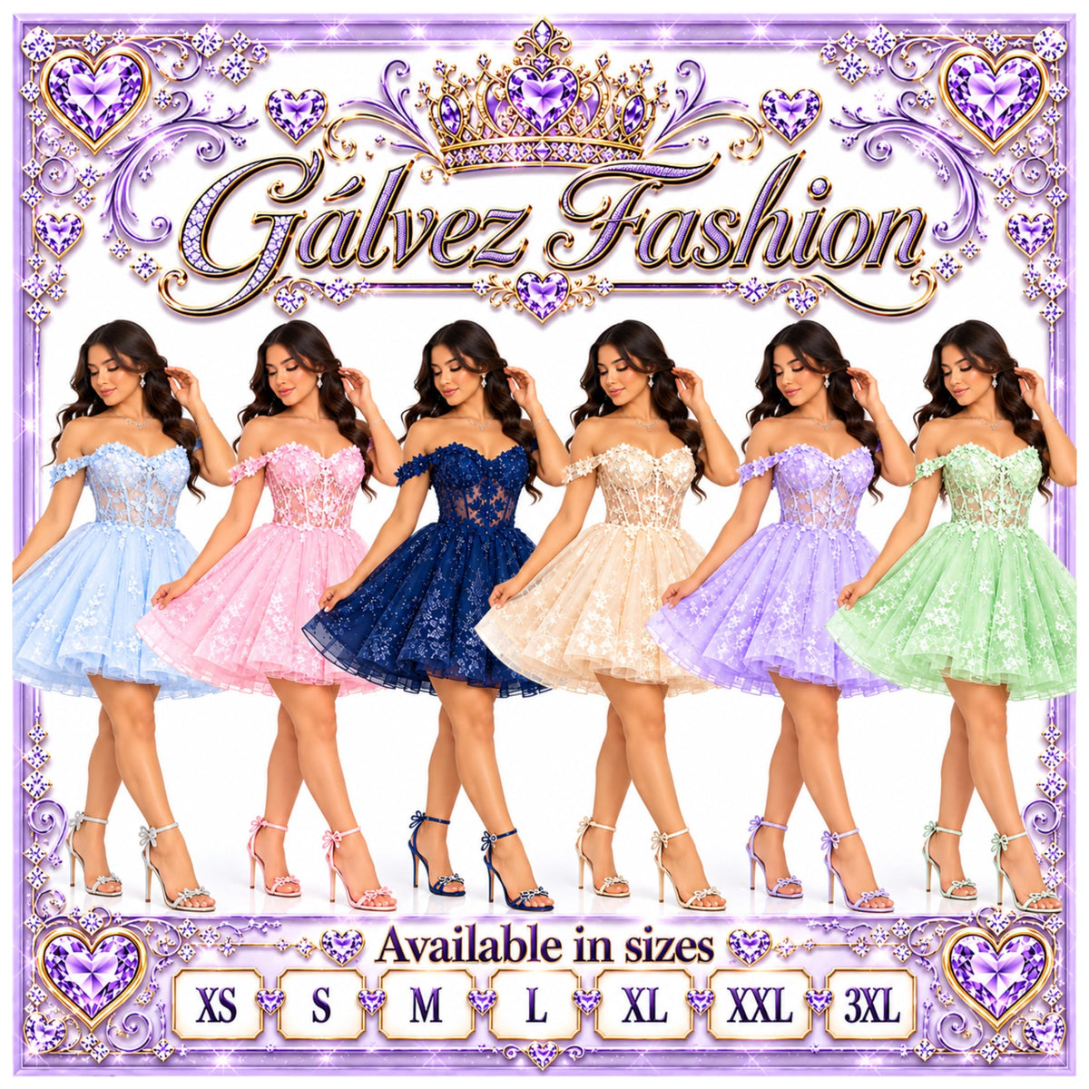 Chicas-C377 Women's Short A-Line Party Dress with 3D Floral Appliques, Sheer Corset Bodice, Off Shoulder Sleeves, Embroidered Tulle Skirt