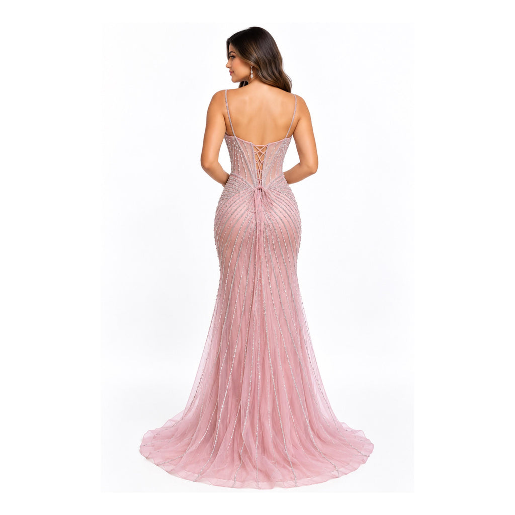 HC-1033 Women's Long Mermaid Formal Dress with Beaded Details, Spaghetti Straps, Sweetheart Neckline, Lace Up Back and High Slit