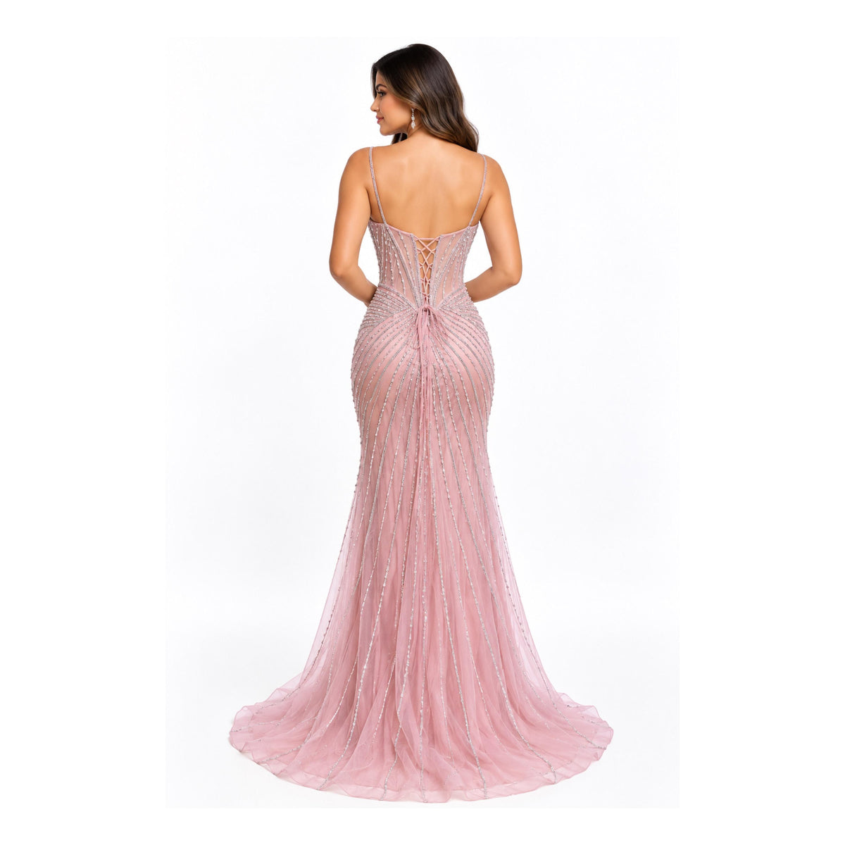HC-1033 Women's Long Mermaid Formal Dress with Beaded Details, Spaghetti Straps, Sweetheart Neckline, Lace Up Back and High Slit