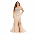 HC-1033 Women's Long Mermaid Formal Dress with Beaded Details, Spaghetti Straps, Sweetheart Neckline, Lace Up Back and High Slit