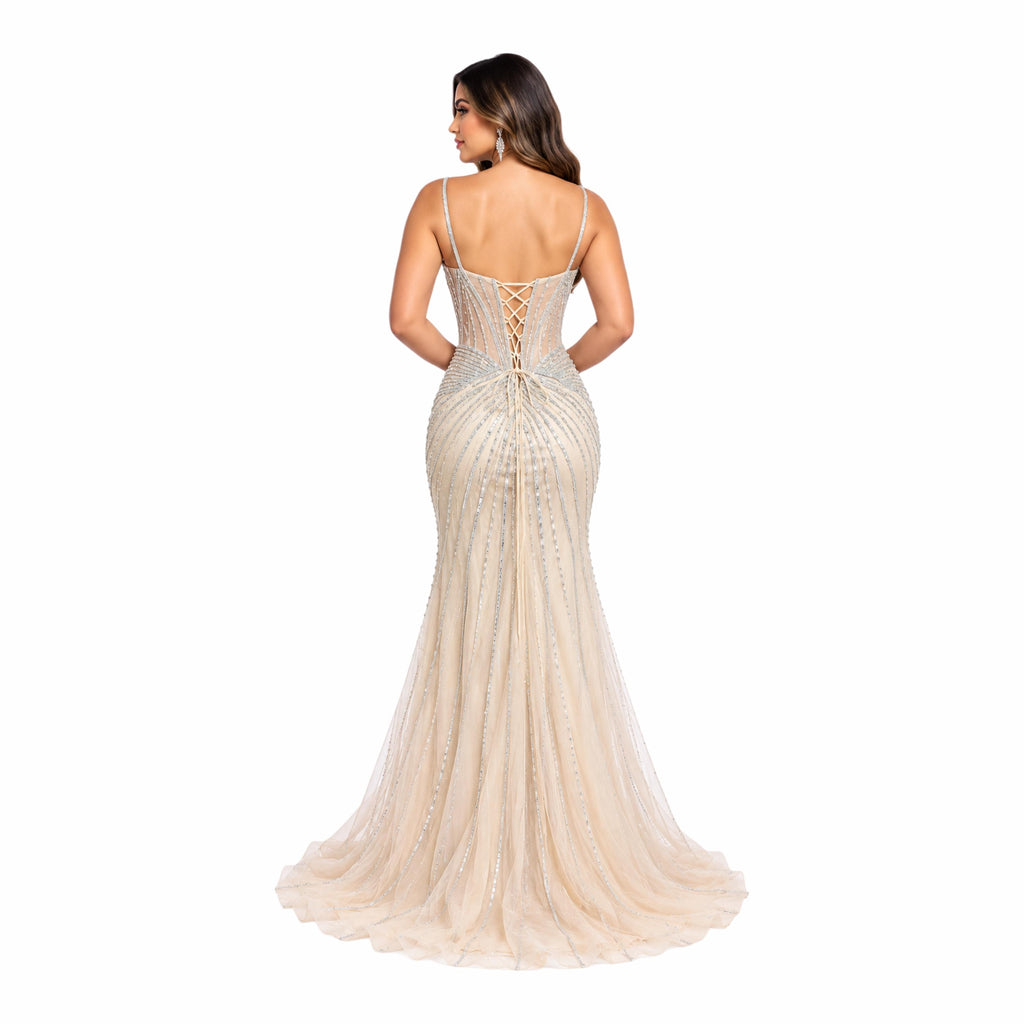 HC-1033 Women's Long Mermaid Formal Dress with Beaded Details, Spaghetti Straps, Sweetheart Neckline, Lace Up Back and High Slit