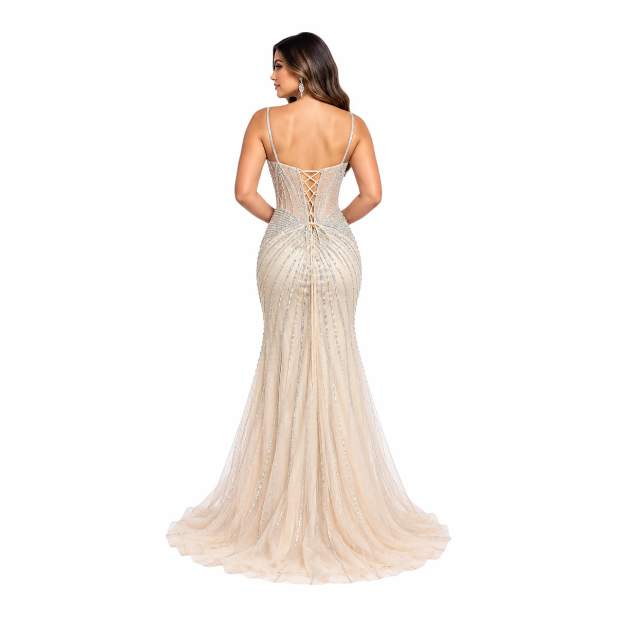 HC-1033 Women's Long Mermaid Formal Dress with Beaded Details, Spaghetti Straps, Sweetheart Neckline, Lace Up Back and High Slit