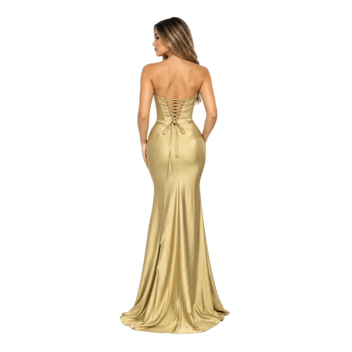 VS-0225 Women' Strapless Satin-Look Maxi Evening Dress with Draped Cowl Neckline, Structured Corset-Style Bodice, Ruched Hip Detail, Lace-up
