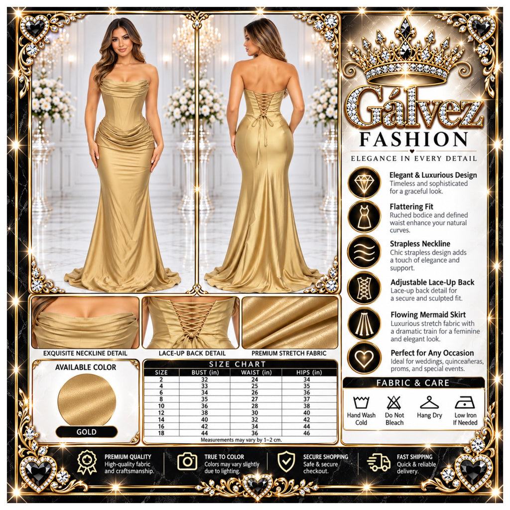 VS-0225 Women' Strapless Satin-Look Maxi Evening Dress with Draped Cowl Neckline, Structured Corset-Style Bodice, Ruched Hip Detail, Lace-up