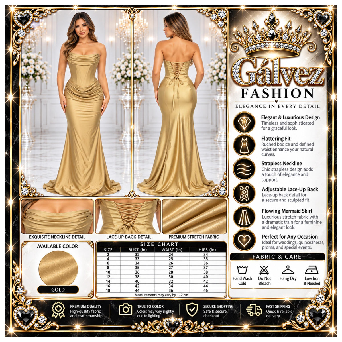 VS-0225 Women' Strapless Satin-Look Maxi Evening Dress with Draped Cowl Neckline, Structured Corset-Style Bodice, Ruched Hip Detail, Lace-up