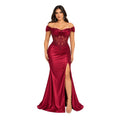 Dancing Queen-4619 Women's Elegant Off Shoulder Satin Mermaid Evening Gown with Sheer Beaded Corset Bodice, Draped Sweetheart Neckline