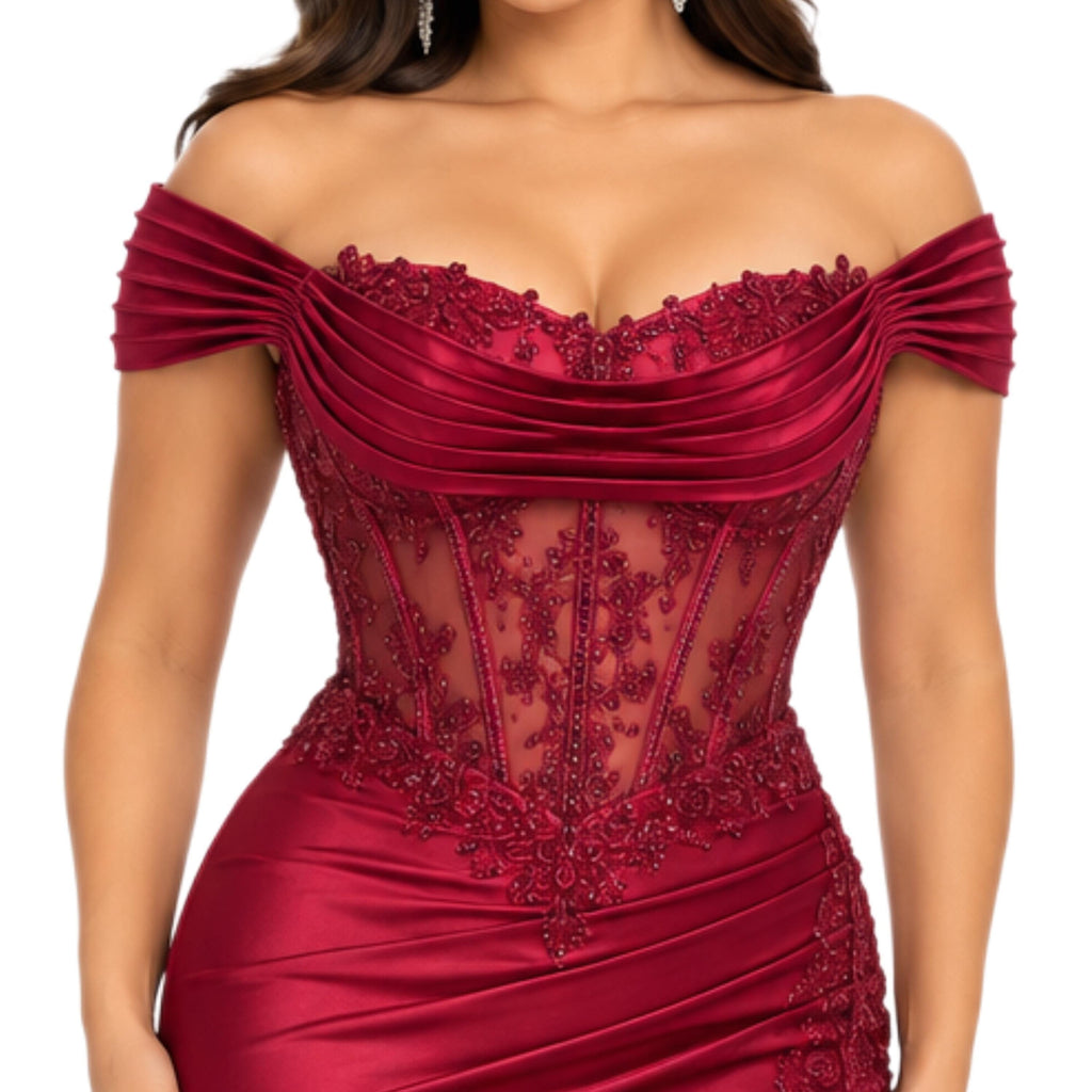 Dancing Queen-4619 Women's Elegant Off Shoulder Satin Mermaid Evening Gown with Sheer Beaded Corset Bodice, Draped Sweetheart Neckline