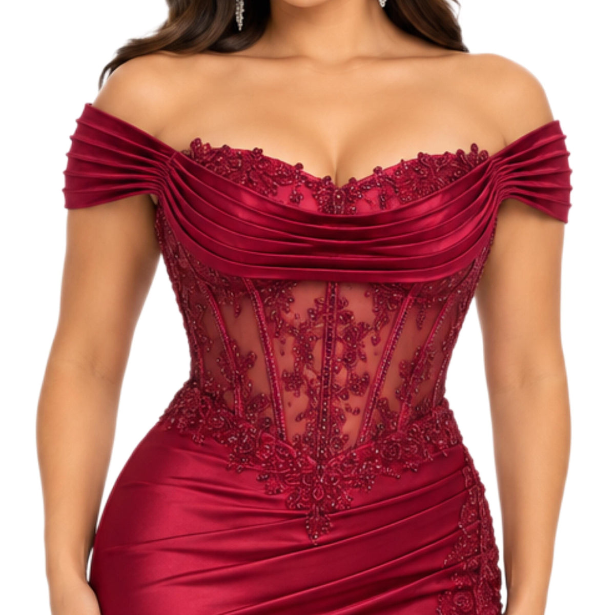 Dancing Queen-4619 Women's Elegant Off Shoulder Satin Mermaid Evening Gown with Sheer Beaded Corset Bodice, Draped Sweetheart Neckline