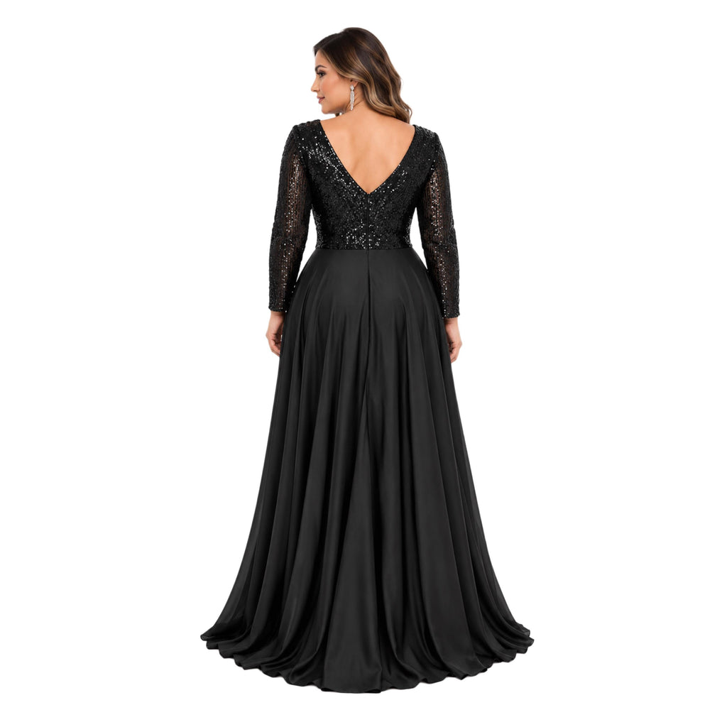 Cindy-1743 Women's Elegant Maxi Evening Dress with Sequin Bodice, Sheer Long Sleeves, V-Neck, Ruched Waist, Side Slit and Flowing A-Line
