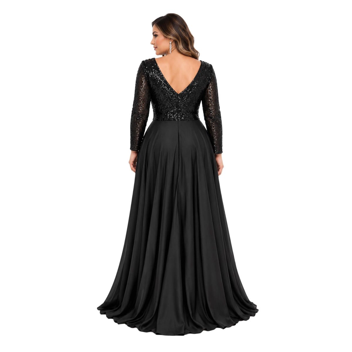 Cindy-1743 Women's Elegant Maxi Evening Dress with Sequin Bodice, Sheer Long Sleeves, V-Neck, Ruched Waist, Side Slit and Flowing A-Line