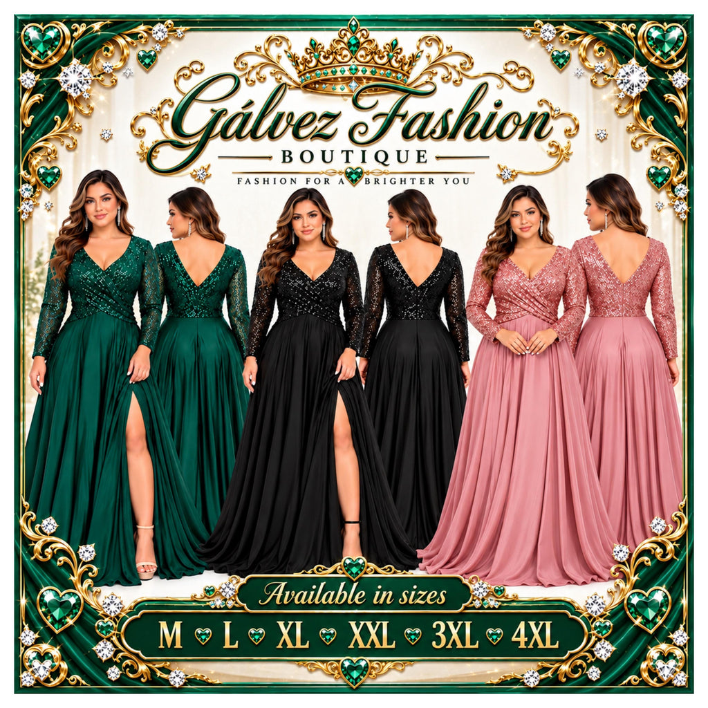 Cindy-1743 Women's Elegant Maxi Evening Dress with Sequin Bodice, Sheer Long Sleeves, V-Neck, Ruched Waist, Side Slit and Flowing A-Line